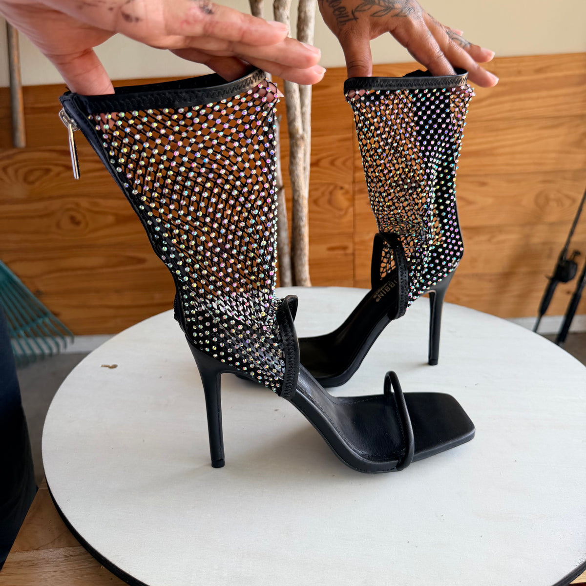 Black Rhinestone Mesh Heels