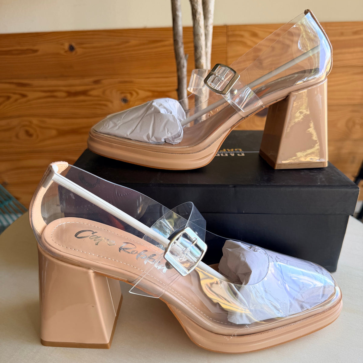 Nude Clear Block Heels