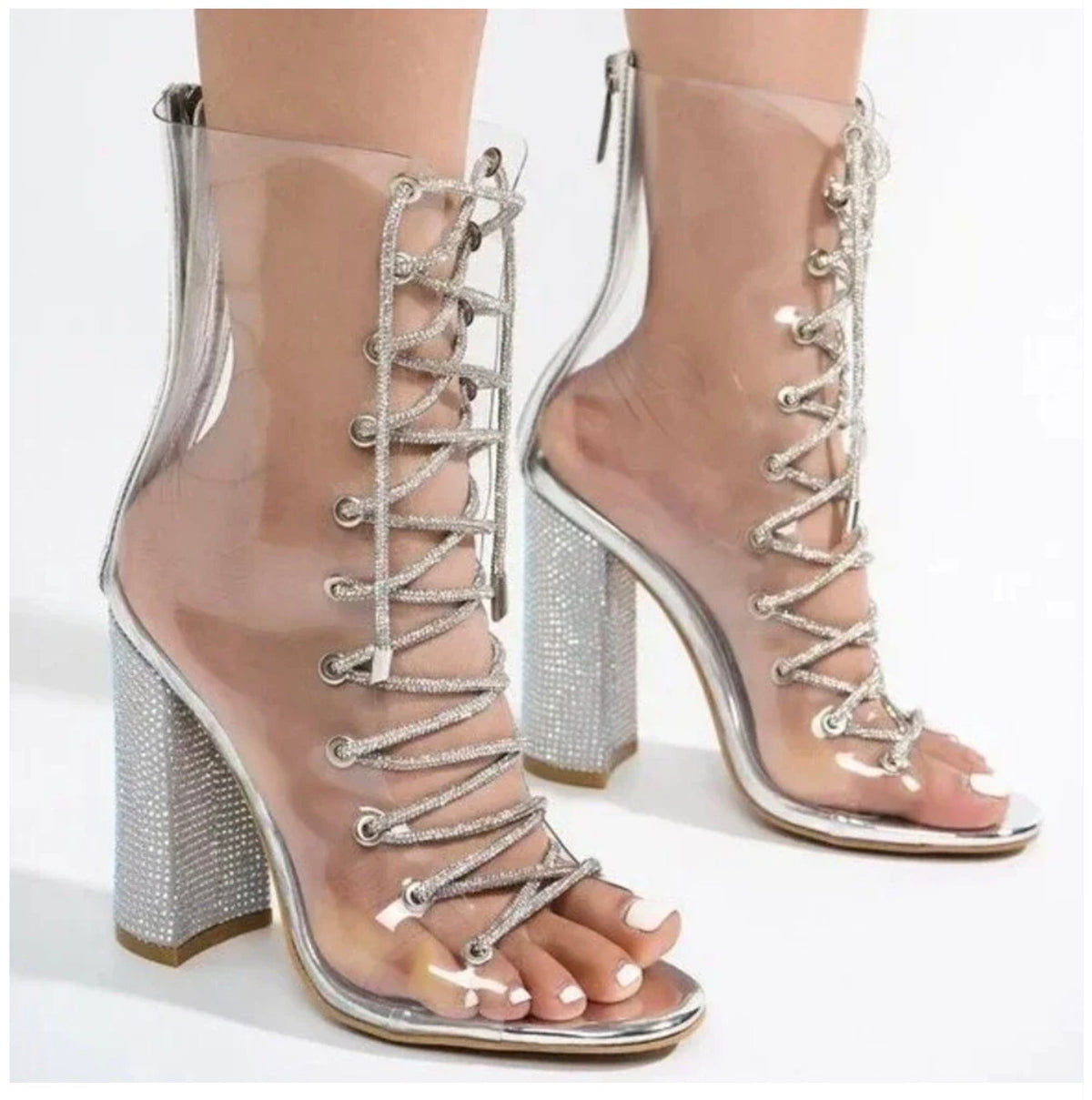 Silver Rhinestone Lace Booties